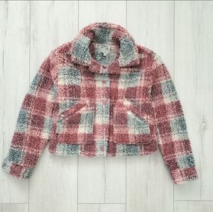 Girls Winter Holiday Jacket Front Pockets Plaid Faux Fur Pink Green Size M NWOT
